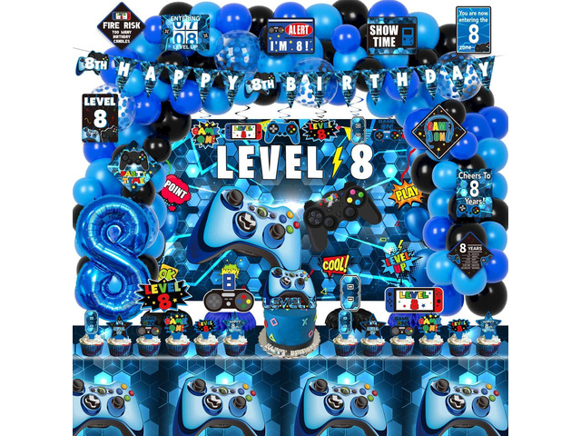 KOTLMIGHT 8th Birthday Decorations for Boys, 148Pcs Blue Video Game level 8 Party Supplies for Boy 8th Birthday - Backdrop, Banner, Balloons,...
