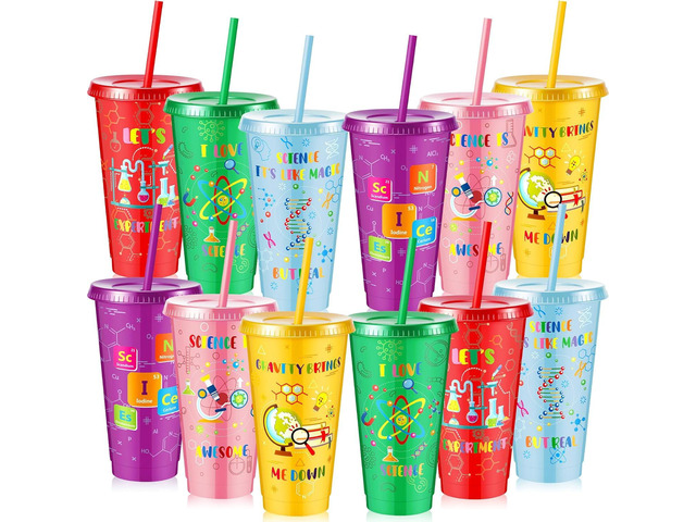 Uiifan 12 Pcs Science Party Cups Favors 24 oz Plastic Tumbler with Lid and Straw Reusable for Boys Kids Science Birthday Party Supplies Decorations