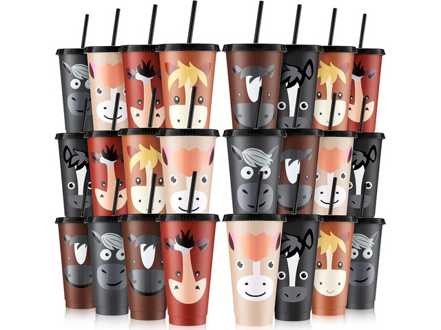 Mifoci 24 Pcs Horse Party Favors 24 oz Horse Cups with Lid Straw Cowboy Cups Bulk Horses Birthday Decorations Reusable Plastic Drink Tumbler for...