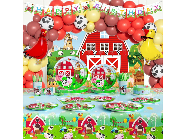 Farm Birthday Decorations, 212 PCs - Farm Animal Birthday Party Supplies with Red Barn Backdrop, Balloon Garland, Tableware Set, Plates, Napkins,...