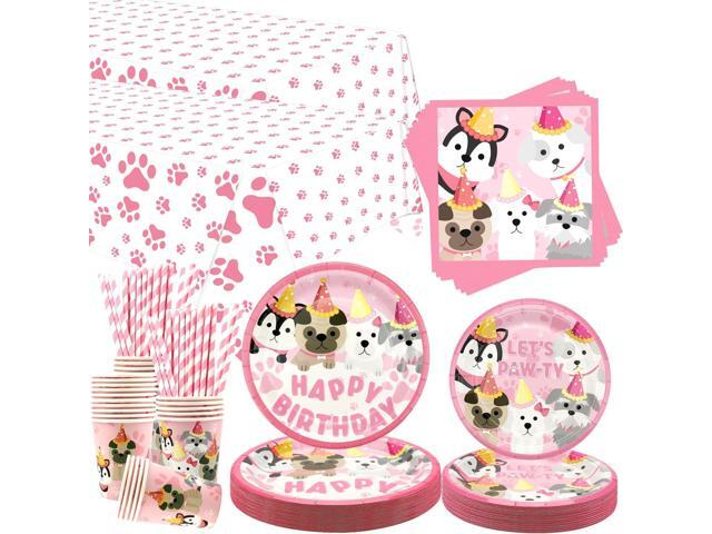 Dog Party Decorations, Pink Puppy Paw Birthday Party Tableware Supplies including 9' Dinner Plates, 7' Dessert Plates, Napkins, Cups,...