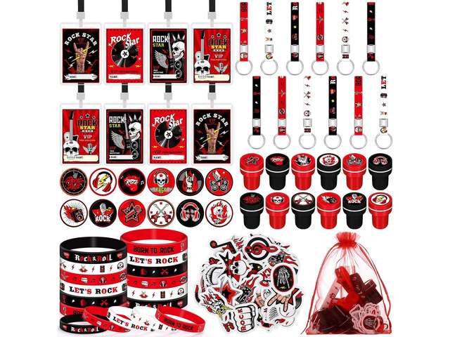 Blosssound 122 Pcs Rock and Roll Party Favors with Rock Star Silicone Bracelets VIP Pass Badges Stampers Keychains Stickers for 80s 90s Music Theme...