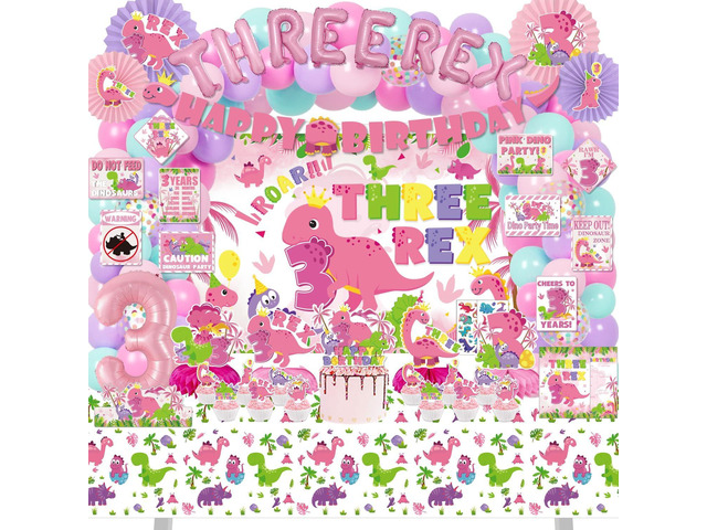 Girl Dinosaur 3rd Birthday Decorations for Girls, Three Dino Rex Pink Theme Party Decor Supplies - Backdrop, Banner, Tablecloth, Centerpieces,...
