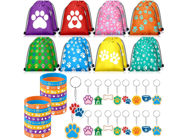Talltalk 48 Pcs Paw Print Dog Party Supplies Puppy Dog Party Favor Set 16 Drawstring Bags Gift Candy Goodie Bags 16 Paw Wristband Rubber Bracelet...