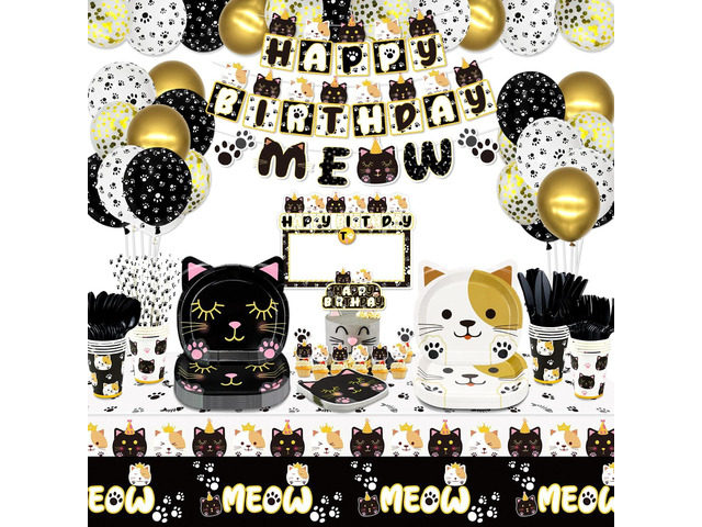 222 Pcs Cat Birthday Party Decorations - Cat Balloons, Birthday Banner, MEOW Garlands, DIY Hanging Sign, Cake Topper, Plates, Napkins, Cups, and...
