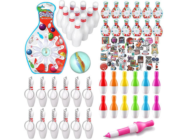 Deekin Bowling Party Favors 12 Pcs Pin Keychain 12 Pcs Ballpoint Pen Mini Bowling Set 50 Pcs Stickers for Goodie Bag Fillers and Small Prizes
