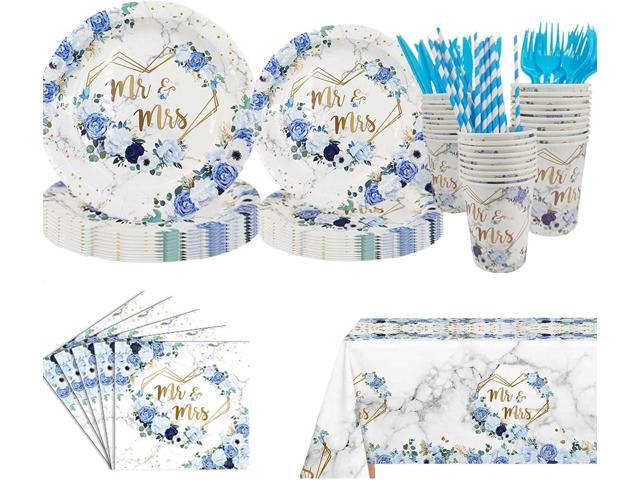 MEHOFOND 169 pcs Blue Wedding Decorations, Mr and Mrs Wedding Disposable Dinnerware, Floral Printed Bridal Shower Plates and Napkins Sets, Paper...