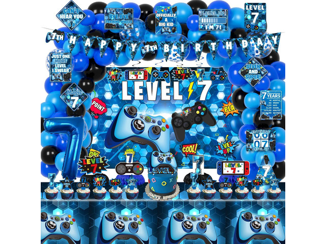 KOTLMIGHT 7th Birthday Decorations for Boys, 149Pcs Blue Video Game level 7 Party Supplies for Boy 7th Birthday - Backdrop, Banner, Balloons,...