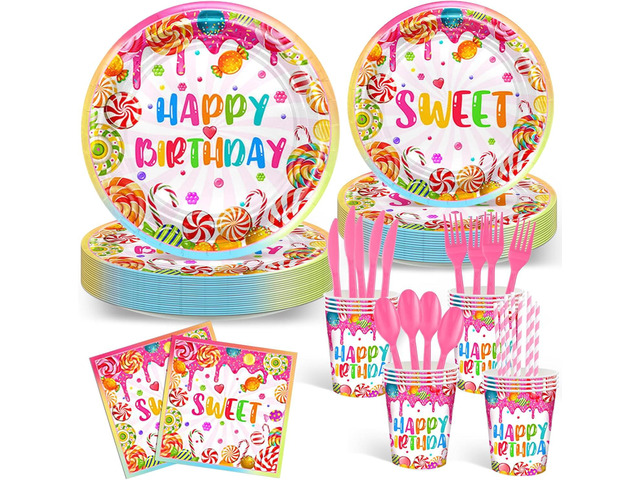 Avezano 192 Pcs Candyland Party Decorations Lollipop Dessert Theme Birthday Party Decorations Disposable Candy Land Tableware Party Supplies Paper...
