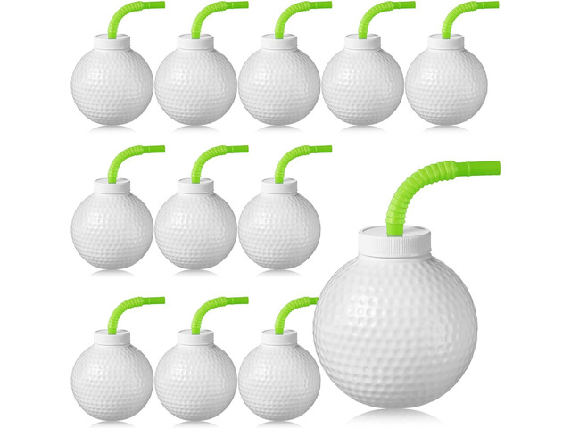 Sumind 12 Pcs Sport Ball Cups with Straws and Lids, 17 oz Plastic Cups Bulk for Adults Birthday Theme Party Sport Party Favors Supplies(Golf)