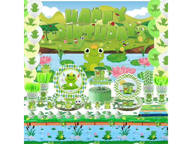 KEFAN Frog Birthday Party Decorations, Frog Party Supplies Tableware including Frog Background, Paper Plates, Balloons for Green Frog Camping Baby...