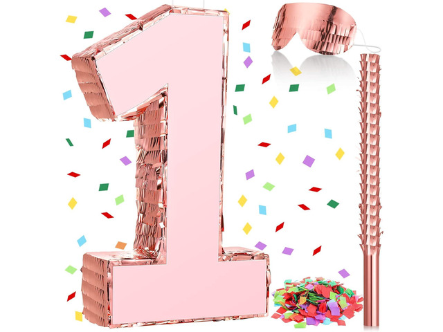 Honoson Number Rose Gold Piñata with Stick Blindfold Confetti, Princess Piñata for Birthday Party Anniversary Celebration Decorations Supplies, 16...