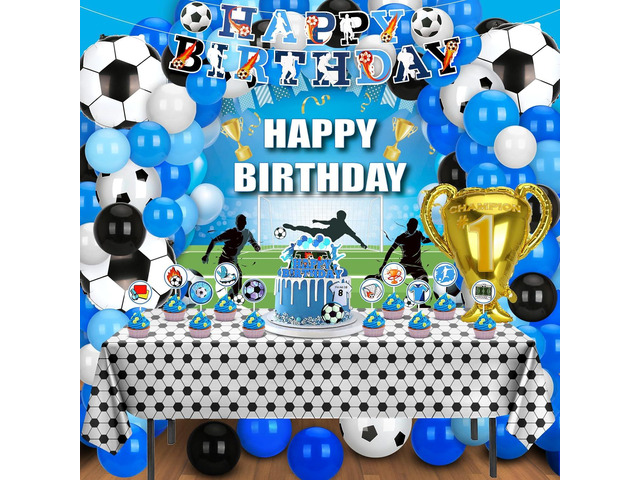 Soccer Birthday Party Decorations, 131PCS Blue Soccer Birthday Party Supplies Including Tablecloth Backdrop Banner Cake Topper Latex Balloons Foil...