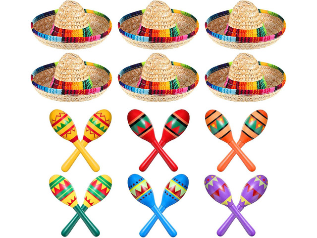 12 Pcs Colorful Wooden Maracas and 6 Pcs Mini Sombrero Hats - Mexican Fiesta Party Favors and Supplies for Carnivals
