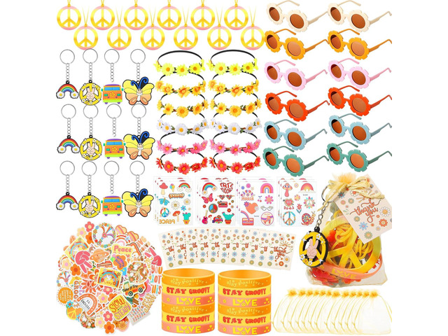 Tenceur 146 Pcs Groovy Party Favors Include Hippie Bracelet Keychain Boho Tattoo Sticker Daisy Headband Peace Necklace Sunglasses Sticker Gifts Bag...