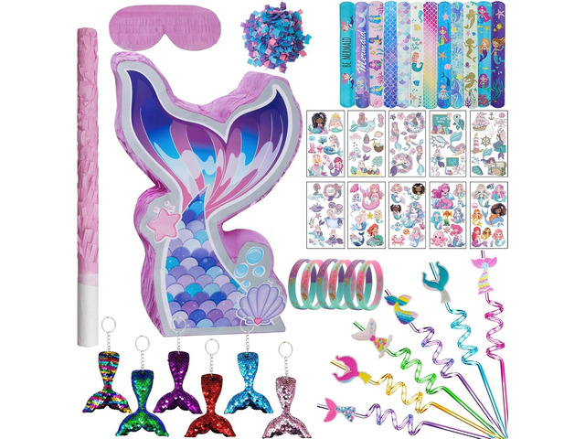 Mermaid Pinata Set Birthday Party Favors for Girl Kids Birthday Themed Party Supplies with Tail Pinata Stickers Slap Bracelet Keychain Silicone...