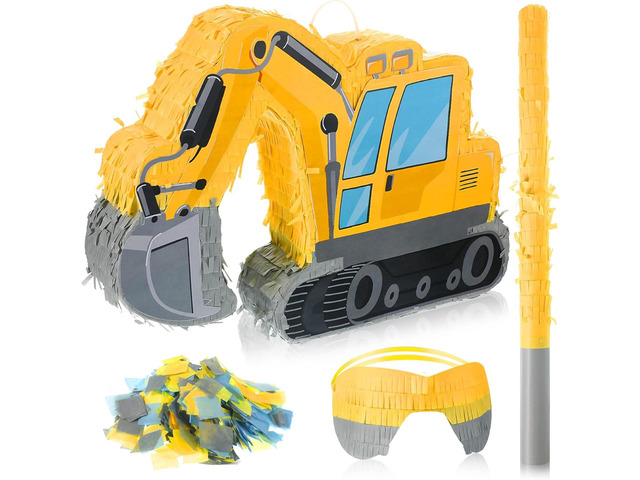 Ferraycle Excavator Construction Truck Pinata for Boys Birthday Party Supplies Bundle with Blindfold Bat Confetti Number Crane Tractors Pinata for...