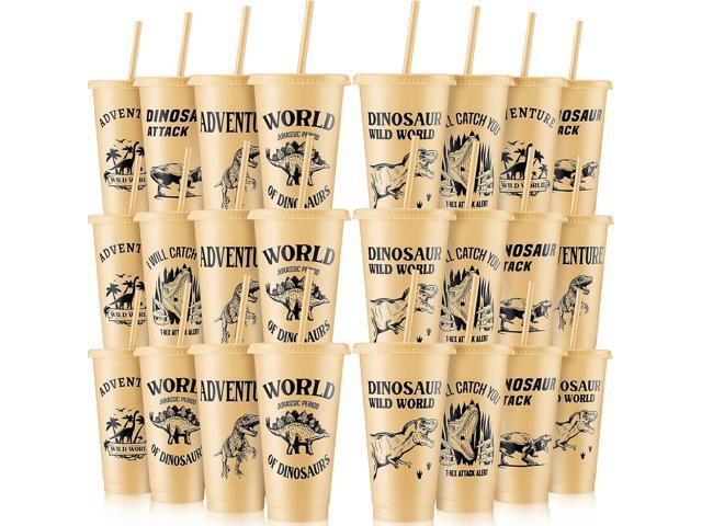 Mifoci 24 Pcs Dinosaur Party Favor 24 oz Plastic Cup with Lids and Straws Set Kids Reusable Dinosaur Cup Decorations for Beverage Birthday Party.