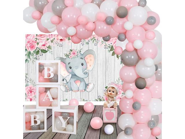Jollyboom Pink Elephant Baby Shower Decorations - Balloon Arch Garland Kit, Pink and Gray Backdrop Banner, Balloon Boxes for Girl Baby Shower, Baby...