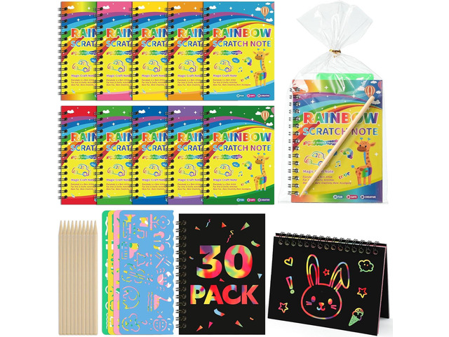 Prudiut 30 Pack Rainbow Scratch Art Notebook, Rainbow Scratch Paper Art Favors Easter Day Gift Birthday Favor for Kids School Classroom