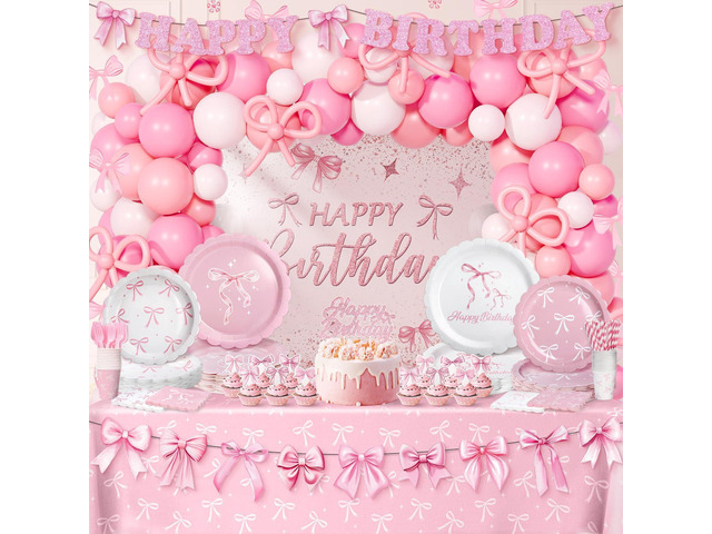Pink Bow Coquette Birthday Decorations for 24 Guests, Party Supplies with Plates, Napkins, Cups, Balloon Garland Arch, Happy Birthday Banner,...