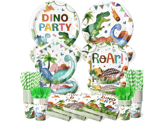 300 Pcs Dinosaur Plates and Napkins (Serves 50 Guests), Dinosaur Birthday Party Supplies Include Forks Cups Straws Tableware Set for Kids Party...
