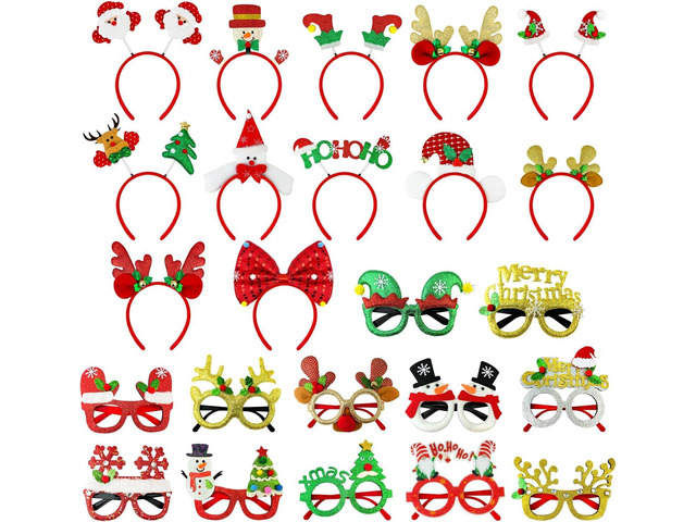Christmas Party Favors Supplies 24 Pack - Glitter Glasses & Headband Set, Funny Holiday Party Decorations Photo Props, Xmas Costume Eyeglasses...