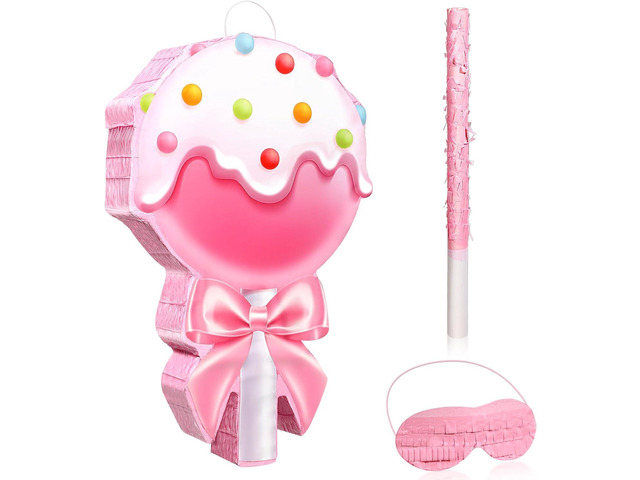 Aoriher Candy Party Favor Candy Piñata with Stick Blindfold Pink Sweet Lollipop Candy Piñata for Birthday Party Supplies Decoration