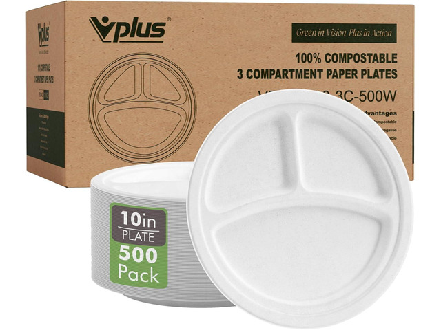 Vplus 100% Compostable Paper Plates, 500 Pack 10 Inch 3 Compartment Plates Disposable, Heavy Duty Biodegradable, Made of Sugar Cane Fibers, for...