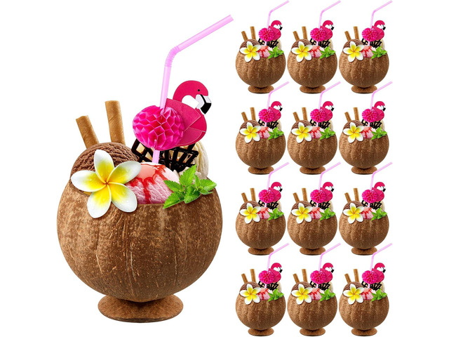 Taiyin Coconut Cups with Flamingo Straws Hawaiian Luau Party Decorations Pink Straws and Coconut Shaped Tiki Cups for Kids and Adults Luau Hawaiian...