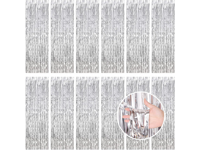 Silver Fringe Curtain Party Streamers, 12 Pack 3.3ft x 8.2ft Foil Curtain Backdrop Tinsel Foil Fringe Curtains Photo Booth Backdrop Streamer for...