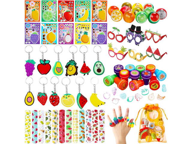 Blosssound 96 Pcs Fruit Party Favors Summer Theme Birthday Gifts Set Make a Fruit Sticker Stress Ball Slap Bracelet Glass Ring Keychain Stamper...