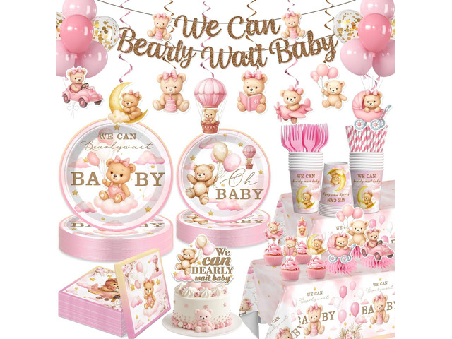 171 PCS Bearly Wait Baby Shower Decorations, Pink Bear Baby Shower Party Supplies with Balloon, Banner, Cake Topper, Plates and Napkins, for Baby...