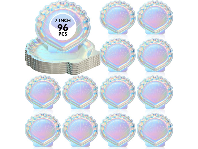 Zopeal 96 Pcs Mermaid Plates 7 Inch Iridescent Seashell Paper Plates Mermaid Birthday Party Supplies Scalloped Shaped Tableware Disposable...