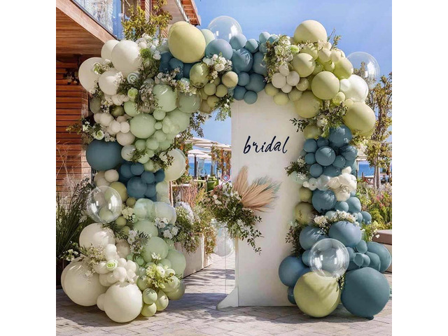 Blue Green Balloon Arch Kit Double Stuffed Dusty Light Green Slate Blue White Pastel Olive Balloon Garland with Clear Bobo for Baby Shower Bridal...