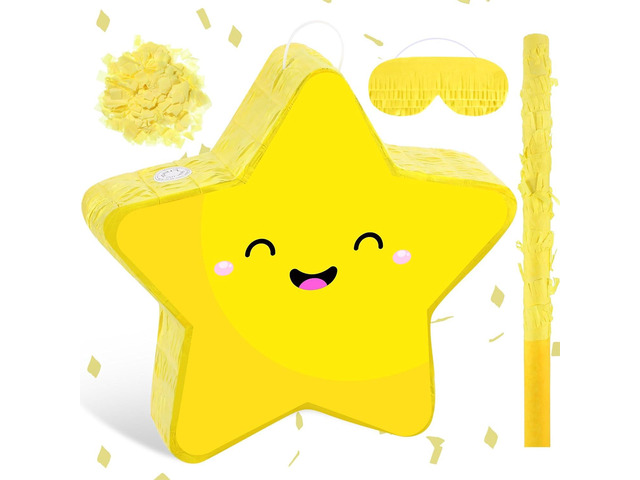 Hicarer Yellow Star Piñata Set Cute Smile Star Piñata Eye Mask Stick for Twinkle Twinkle Little Cartoon Birthday Party Decoration Supplies