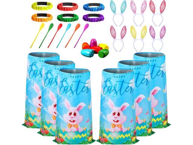 Civaner 30 Pcs Outdoor Games Set for Kids Includes 6 Bunny Potato Sack Race Bags 6 Egg and Spoon 6 Bunny Ears Headbands 6 Legged Relay Race Band.