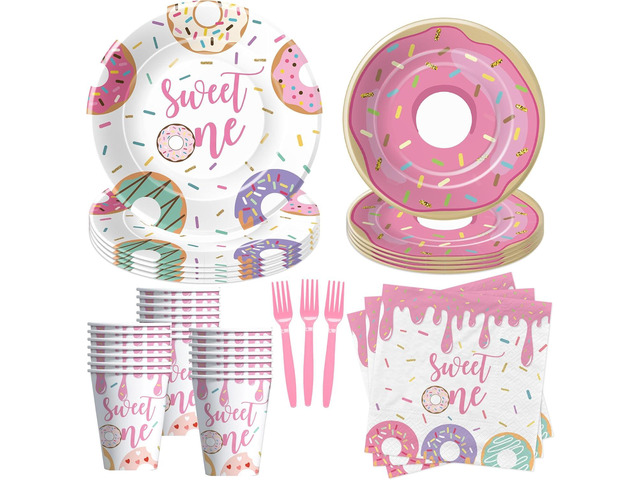 Xigejob Donut Sweet One Birthday Plates And Napkins Party Decorations Tableware Girls - Pink Donut 1st Birthday Party Supplies, Paper Plate, Cup,...