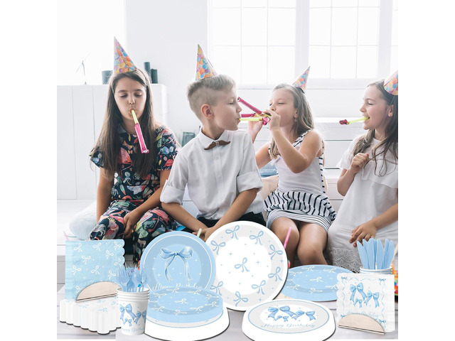 Blue Bow Party Supplies Serve 25,Coquette Birthday Decorations Blue Bow Plates and Napkins for Girls Women,Bridal Engagement Party Decor