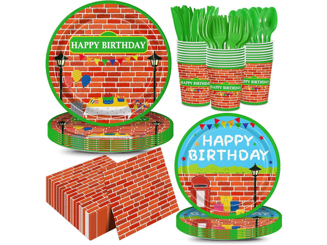 168pcs Red Brick Wall Street Birthday Party Supplies Plates Napkins Paper Cups Disposable Tableware Set Modern Cartoon Street Party Decorations for...