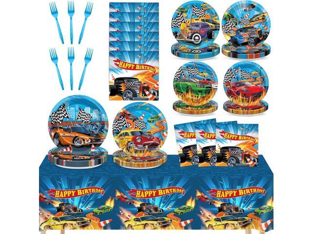 98 Pcs Race Car Party Supplies Hot Car Paper Plates Napkins Tablecloths Racing Theme Tableware Black White Checkered Table Cover for Kids Boys Baby.