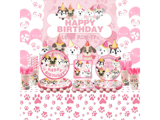 KEFAN Dog Party Supplies, Pink Dog Paw Birthday Tableware Party Decorations including Pink Dog Plates, Cups, Napkins, Tablecloth, Lets Party HAPPY...
