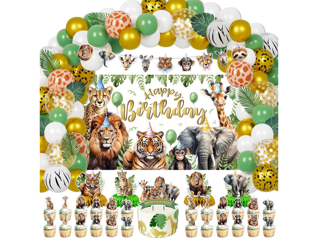 Jungle Safari Birthday Party Decorations, 127 Pcs Zoo Safari Animal Theme Party Supplies for Baby - Backdrop, Banner, Cake, Cupcake Toppers, Palm...