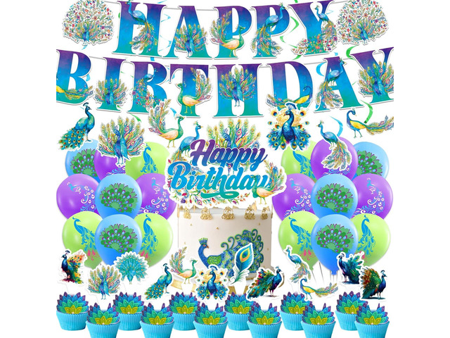 Peacock Party Decorations Colorful Peacock Birthday Party Supplies Includes Banner Cake Topper Cupcake Toppers Hanging Swirls Balloons for Peacock...