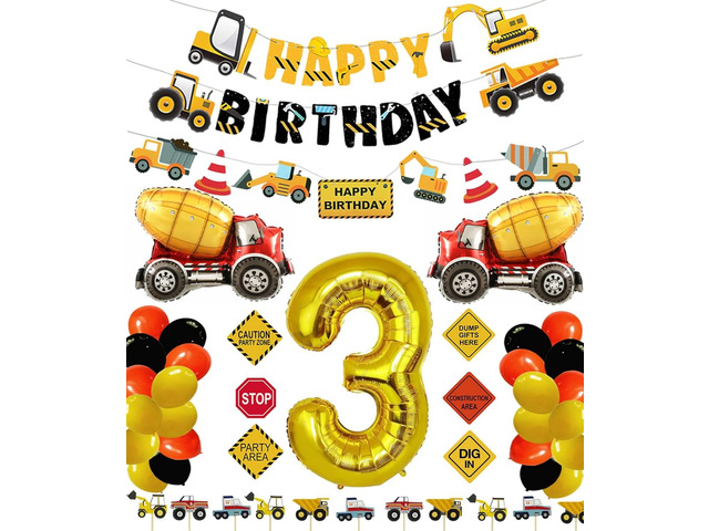 Construction 3rd Birthday Party Supplies for Boys with Dump Truck Theme, Includes Cake Toppers, Balloons, Banners, Signs and More