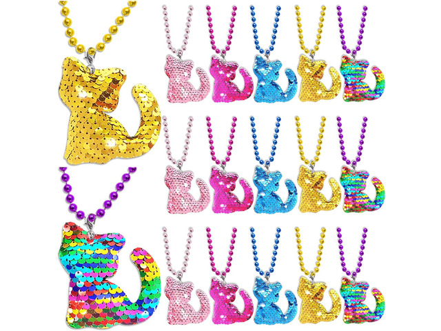CiciBear 15 Pack Kitty Sequin Necklace Party Favors with Mardi Gras Beads for Cat Themed Party Favors, Home Decorations, Festivals, Wedding,...