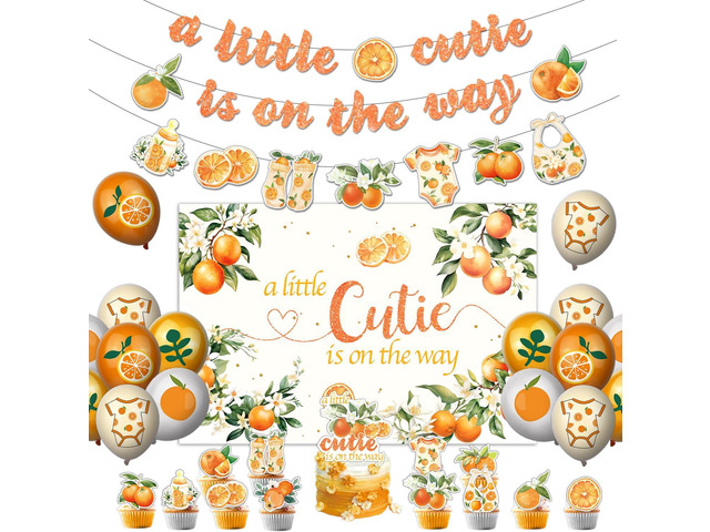 Little Cutie Baby Shower Decoration Party Supplies Include Banner-Backdrop-Balloons-Cake Topper-Cupcake Toppers for Orange Little Cutie Tangerine...