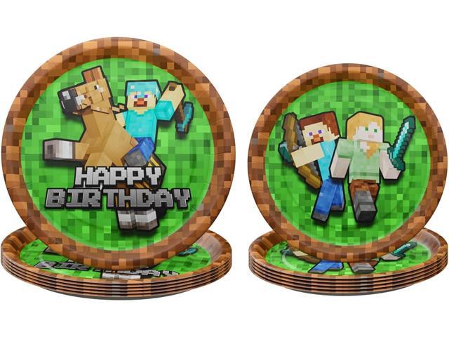 Pixel Miner Dinner and Dessert Plates (40 pieces for 20 Guests) - Video Game Party Supplies, Mining Craft Decorations, Pixel Miner Party, Blue.