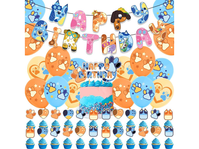 Blue Dog Birthday Party Supplies,Blue Party Decoration with Blush Nude Orange Balloons,Birthday Banners,Cake Toppers