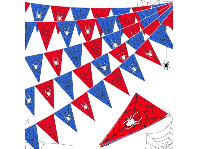 Tiamon 5 Pcs Spider Web Birthday Party Decorations Spider Theme Birthday Triangle 49.2 ft Flag Red Black Blue Pennant Banner Garland Streamer for...